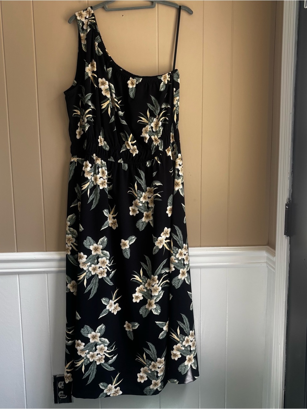 Lands' End Floral One-Shoulder Maxi Dress Black Tropical Plumeria Large 14-16